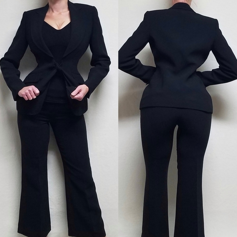 VINTAGE 90s Anne Klein Black Cropped Flare Pants Tie-Waist Blazer Jacket Suit 4